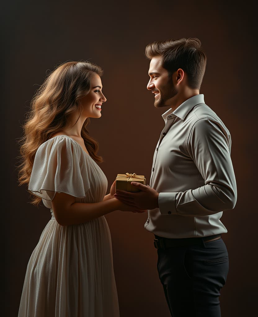  hdr photo of a beautiful woman in a dress gives a man in a shirt a small gift, a model, on a dark brown background . high dynamic range, vivid, rich details, clear shadows and highlights, realistic, intense, enhanced contrast, highly detailed