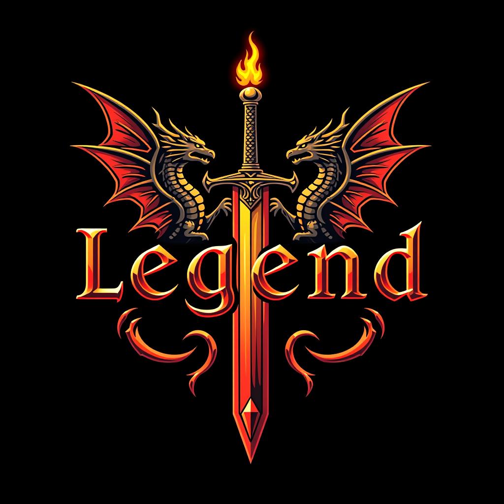  design a logo, custom sticker design on an isolated black background with the words ‘legend’ in bold font decorated by mythical dragons and a flaming sword