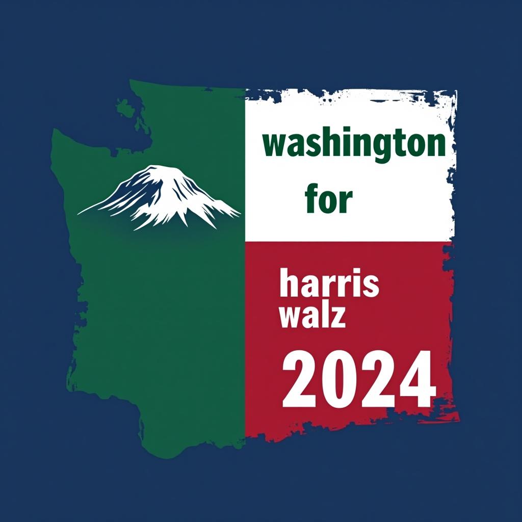  a tshirt design inspired by the washington state flag. the left side features a green vertical stripe with a large mountain in the center. the right side is divided into two horizontal sections: the top section is white with the text 'washington for' in bold, green, uppercase letters, and the bottom section is red with the text 'harris walz 2024' in bold, white, uppercase letters. the overall layout is clean and straightforward, with a clear and patriotic color scheme of blue, white, and red.