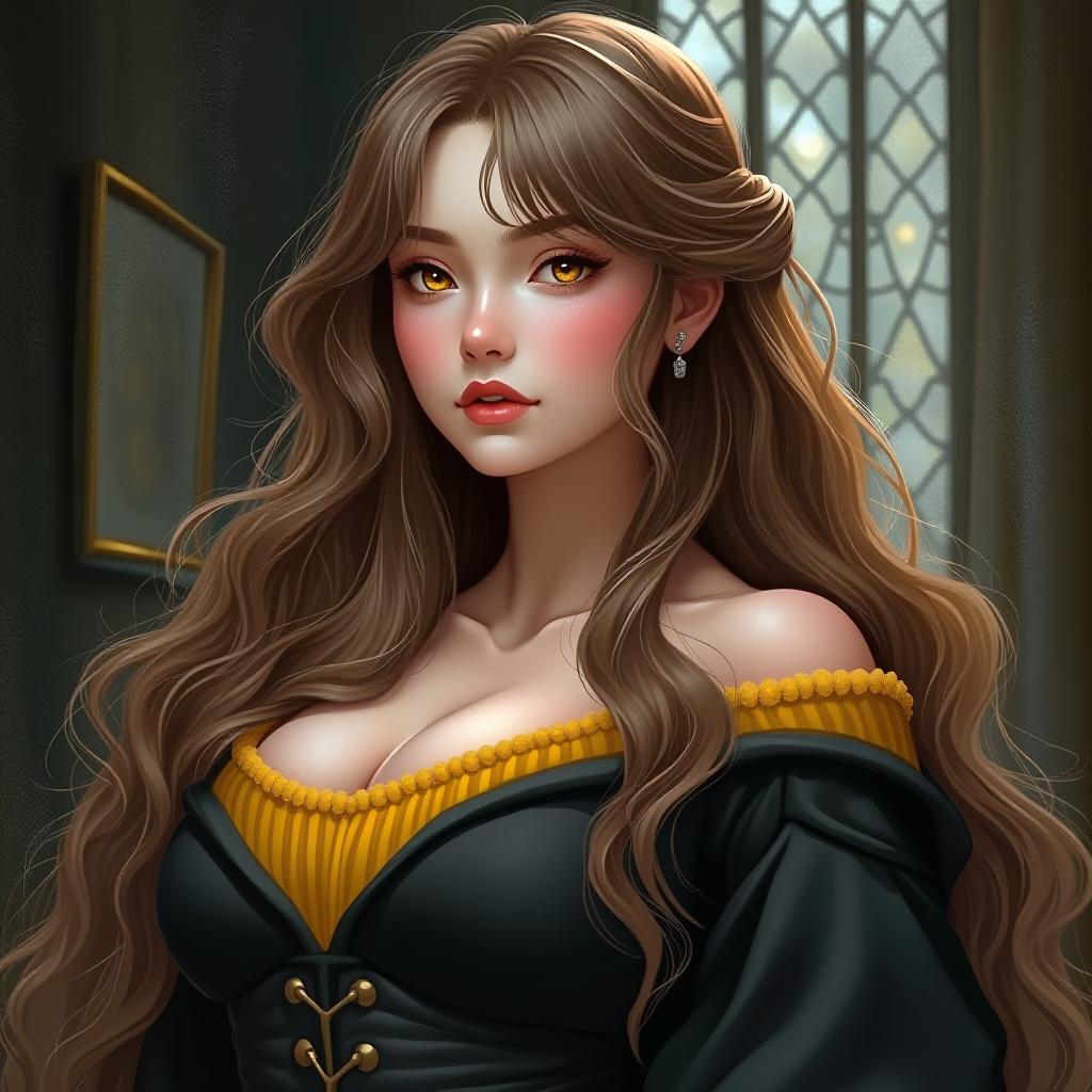  name: rakuhayashi grindelwald:female big chest long light brown wavy hair ,eyes gold age:18 hogwarts house: hufflepuff (black/yellow/grey) height: 5'4 status: pure blood(harry potter style) date: october 21 protronus : artic fox, award winning, professional, highly detailed, masterpiece