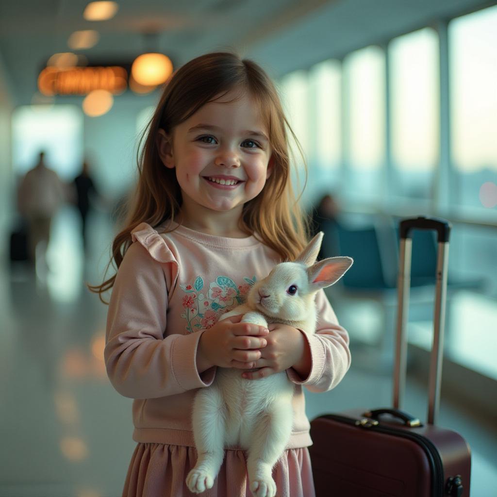  professional detailed photography, happy girl holding a bunny in her hands, next to her is a small children's suitcase, airport, (muted colors, dim colors, soothing tones), (vsco:0.3)