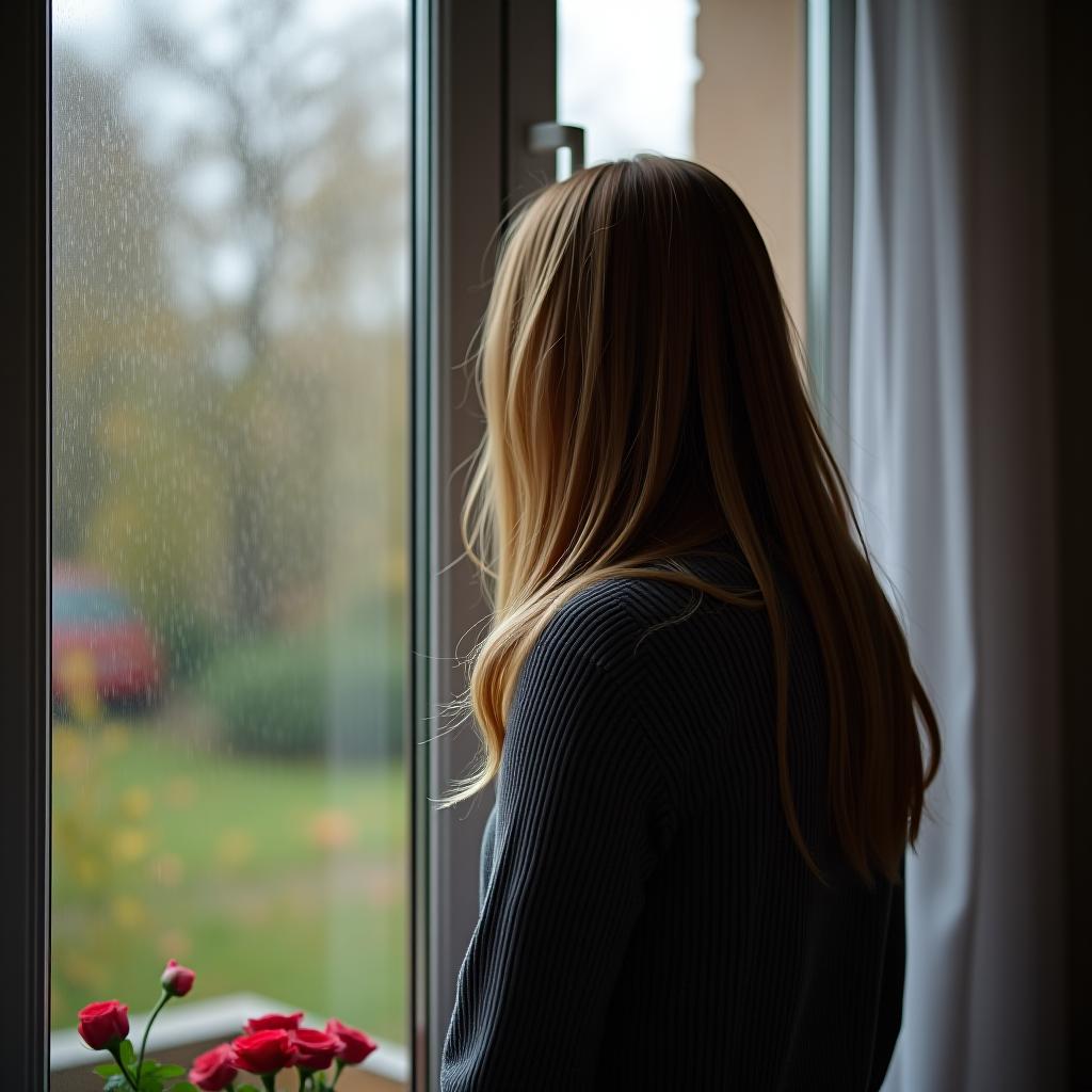  a blond woman is very upset and disappointed; she is bewildered by the fact that she is getting a divorce from her husband, with whom she has lived for many years. she stands at home by the window, behind which autumn rain is falling, and in her heart, she feels the same sadness, pain, and longing.