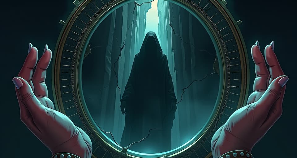  a polished obsidian mirror, reflecting an indistinct shadowy figure, cracks running through the surface, aura of terror and revelation. the style is digital art illustration / modern comic book / mysterious occult, symbolic, esoteric vibe,high detail on character design, incorporating ancient egyptian symbology and attire.