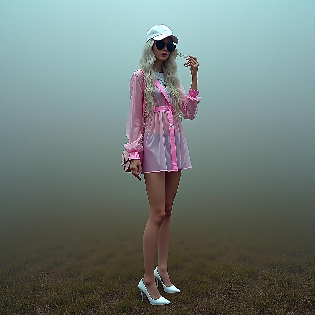  extra skinny anorexic young 2 ,((( full length photo))), high angle view, long wavy white hair, long nails, skinny face ,in a white baseball cap ((black sungl)) very tall and thin ((2)), (((skinny extra super long legs:1.4))), in a white baseball cap, transparent pink color pvc clothing transparent color vinyl clothing prismatic holographic chromatic aberration short raincoat , (((super extremally skinny long legs elegant shoes with high platform and thin super long heels:1.4))) , shoulder bag, holds hair with one hand as if straightening the other hand on the waist, ((stands sideways in an extravagant pose looks at the camera )) close up cloudy in the grey field 4k, complex background, (intricate details:0.9), hyperrealistic, full body, detailed clothing, highly detailed, cinematic lighting, stunningly beautiful, intricate, sharp focus, f/1. 8, 85mm, (centered image composition), (professionally color graded), ((bright soft diffused light)), volumetric fog, trending on instagram, trending on tumblr, HDR 4K, 8K