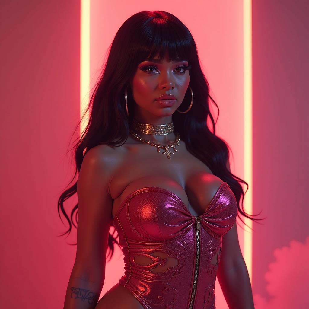  generate an art image. style digital art. nicki minaj hyperrealistic, full body, detailed clothing, highly detailed, cinematic lighting, stunningly beautiful, intricate, sharp focus, f/1. 8, 85mm, (centered image composition), (professionally color graded), ((bright soft diffused light)), volumetric fog, trending on instagram, trending on tumblr, HDR 4K, 8K