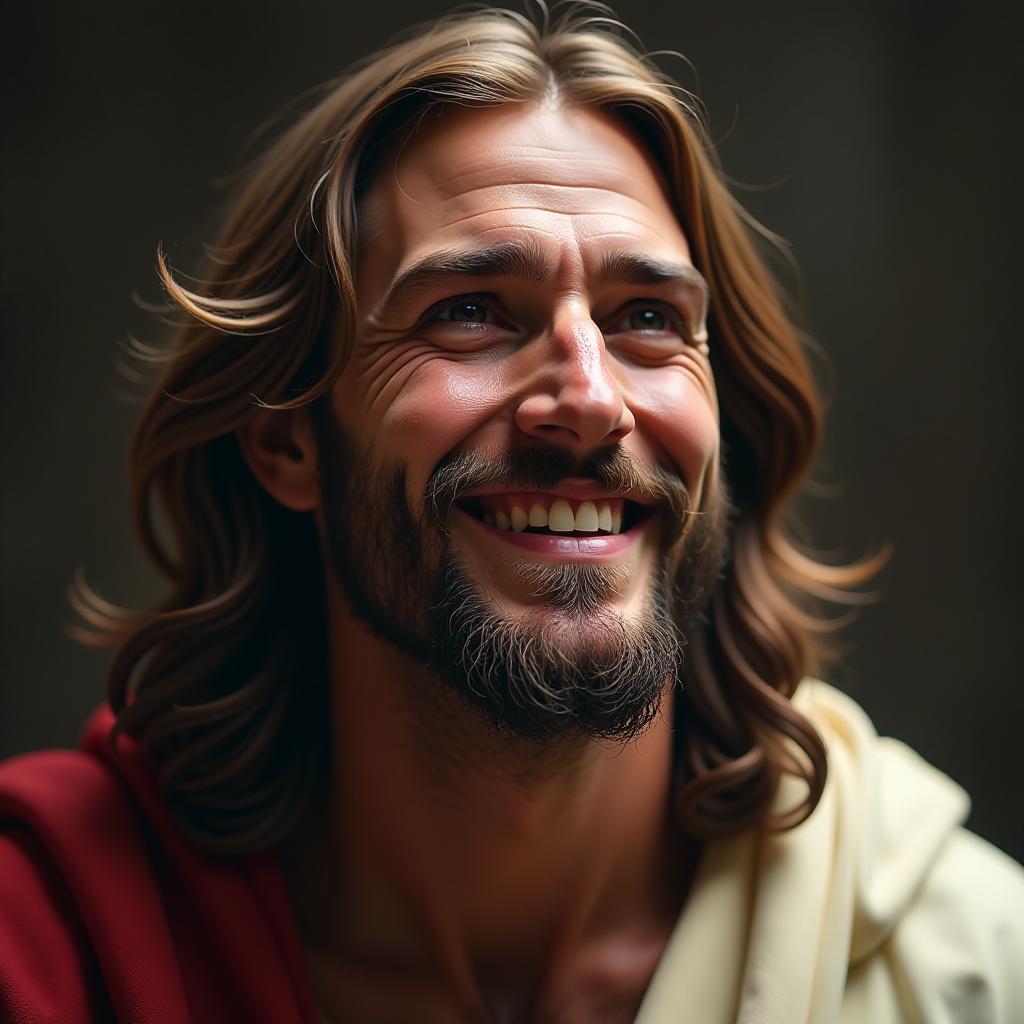  jesus face close up, happy, blessings hyperrealistic, full body, detailed clothing, highly detailed, cinematic lighting, stunningly beautiful, intricate, sharp focus, f/1. 8, 85mm, (centered image composition), (professionally color graded), ((bright soft diffused light)), volumetric fog, trending on instagram, trending on tumblr, HDR 4K, 8K