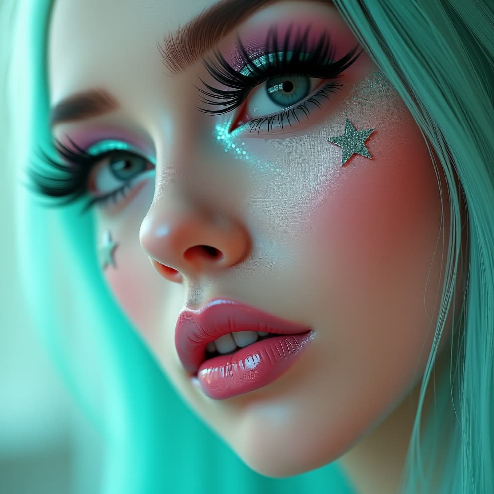  a close up portrait of an androgynous pastel goth punk woman with big eyelashes, star shaped glitter, and stickers on her face, glossy punk lipstick. the style should be kawaii aesthetic, hyper realistic portraits in light cyan and green, cute cartoonish designs, barbiecore, hyper detailed illustration, shiny/glossy, and evoke a sense of fear and loathing.hyper detail, intricate details, sharp focus, high resolution, 8k, ultra detailed, vib