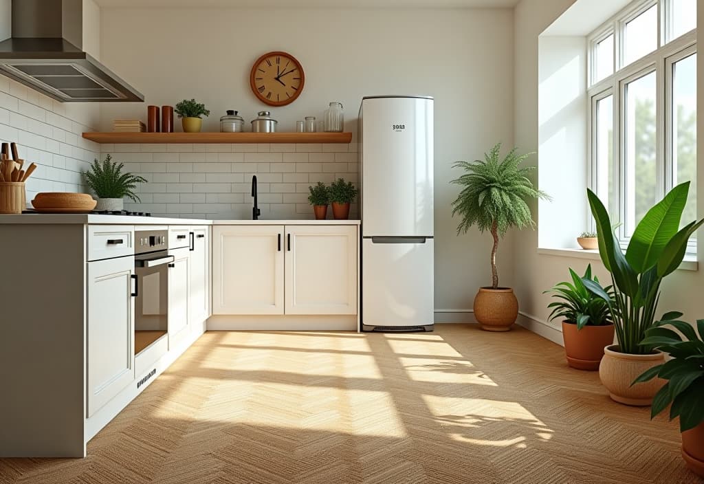  a landscape photo of a bright, eco chic kitchen showcasing woven sisal flooring with a subtle herringbone pattern. the natural fibers add texture and warmth, complementing white walls and green plants hyperrealistic, full body, detailed clothing, highly detailed, cinematic lighting, stunningly beautiful, intricate, sharp focus, f/1. 8, 85mm, (centered image composition), (professionally color graded), ((bright soft diffused light)), volumetric fog, trending on instagram, trending on tumblr, HDR 4K, 8K