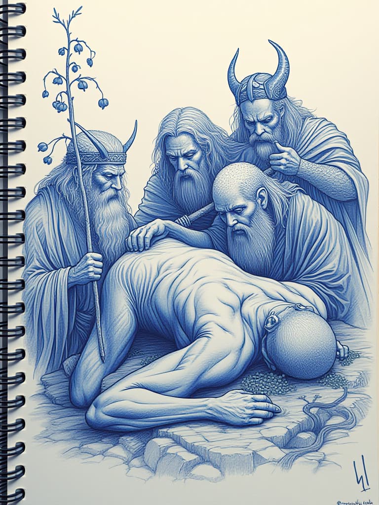  (intricate hand drawn ilration:1.2) (blue ballpoint pen:1.3), depicting the lifeless form of (balder:1.3) surrounded by (asgardian gods:1.2), with (mistletoe:1.1) growing ominously from his . the scene captures a solemn atmosphere, featuring (odin:1.2), (freya:1.2), (loki:1.3), (freyr:1.2), and (thor:1.2) in a poignant side view. the artwork is inspired by the (elder edda:1.3), showcasing the gods' expressions of grief and despair. the setting is a (flat drawing:1.1) reminiscent of a notebook, with detailed (shading and re:1.2) enhancing the emotional depth of the scene.