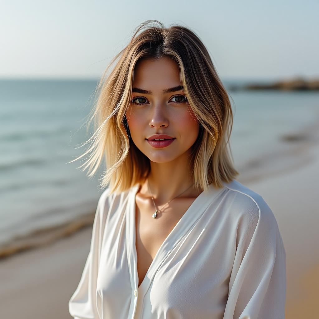  a woman is standing on the shore in a white blouse, her face visible, with shoulder length highlighted hair.