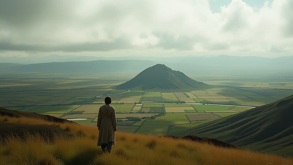  a panoramic view of the landscape surrounding babel, depicted as a fertile plain with fields, rivers, and distant mountains. hyperrealistic, full body, detailed clothing, highly detailed, cinematic lighting, stunningly beautiful, intricate, sharp focus, f/1. 8, 85mm, (centered image composition), (professionally color graded), ((bright soft diffused light)), volumetric fog, trending on instagram, trending on tumblr, HDR 4K, 8K