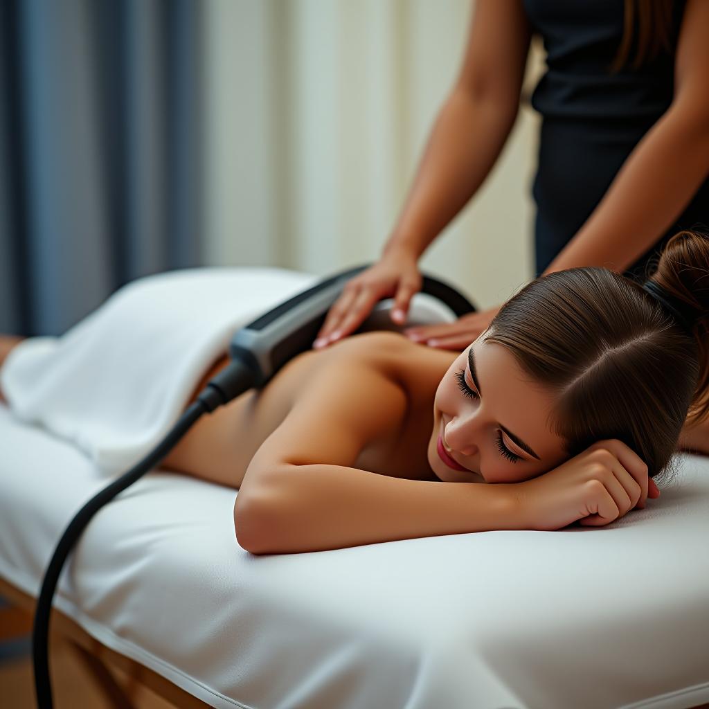  the girl is lying on her stomach on the massage table, and she is getting a massage with a machine.