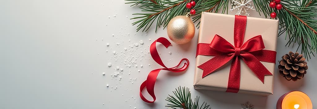  share your warm wishes with this image idea. top view of magnificent giftbox with red ribbon, sparkling ornaments, frosty fir, cone, holly berries, candle on light backdrop, ready for personalized ad ar 3:1 {prompt}, maximum details