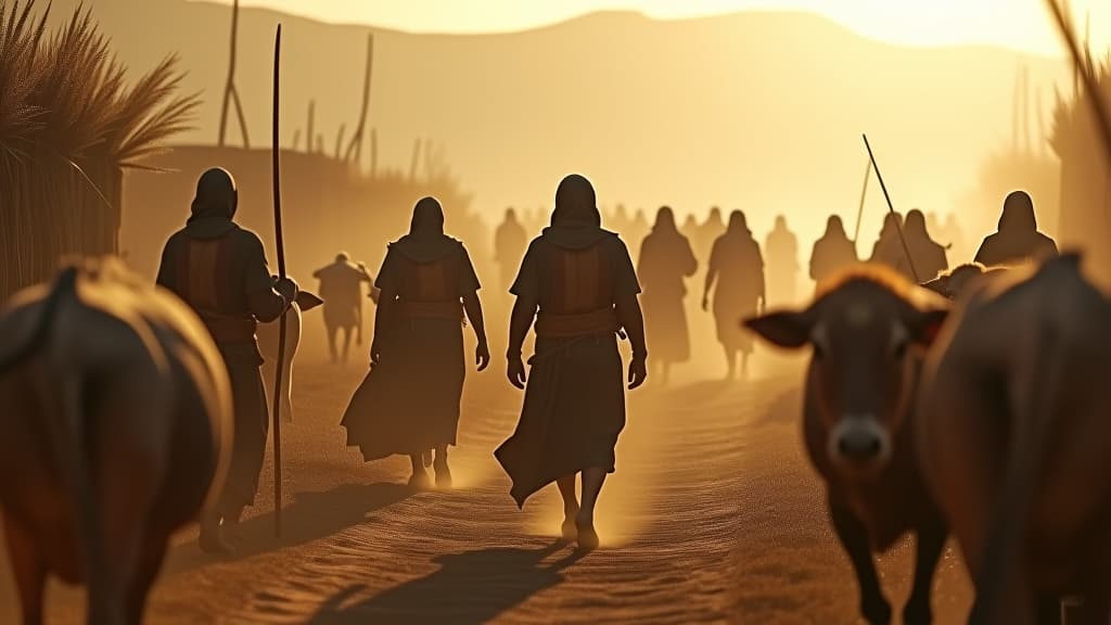  a group of midianite invaders sweeping through a village of israelites, stealing livestock and crops, like a swarm of locusts. hyperrealistic, full body, detailed clothing, highly detailed, cinematic lighting, stunningly beautiful, intricate, sharp focus, f/1. 8, 85mm, (centered image composition), (professionally color graded), ((bright soft diffused light)), volumetric fog, trending on instagram, trending on tumblr, HDR 4K, 8K