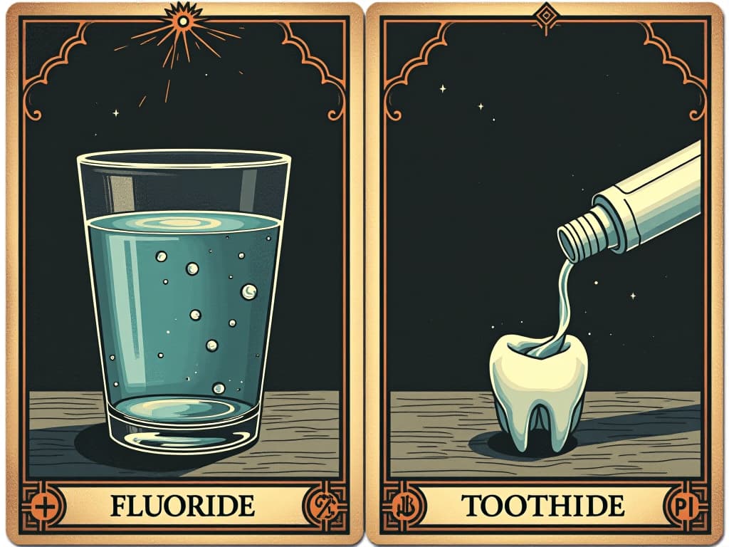  conceptual image of fluoride being removed from diet, depicted with water without fluoride, toothpaste without fluoride, symbolic and clear, fresh and healthy theme. an illustration in the style of a worn, mystical old tarot trump card, mysterious and elements of surrealism. the colors are muted, somber and eerie, but with contrast bring out an occult and esoteric vibe.