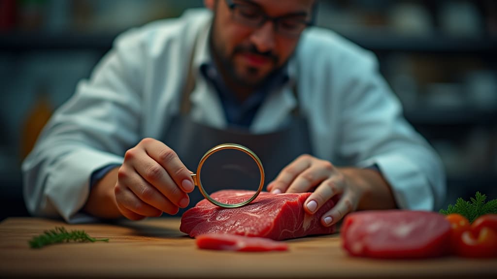  scenes about health and fitness, a butcher checking fresh quality beef with a magnifying glass, emphasizing the importance of high quality meat. hyperrealistic, full body, detailed clothing, highly detailed, cinematic lighting, stunningly beautiful, intricate, sharp focus, f/1. 8, 85mm, (centered image composition), (professionally color graded), ((bright soft diffused light)), volumetric fog, trending on instagram, trending on tumblr, HDR 4K, 8K