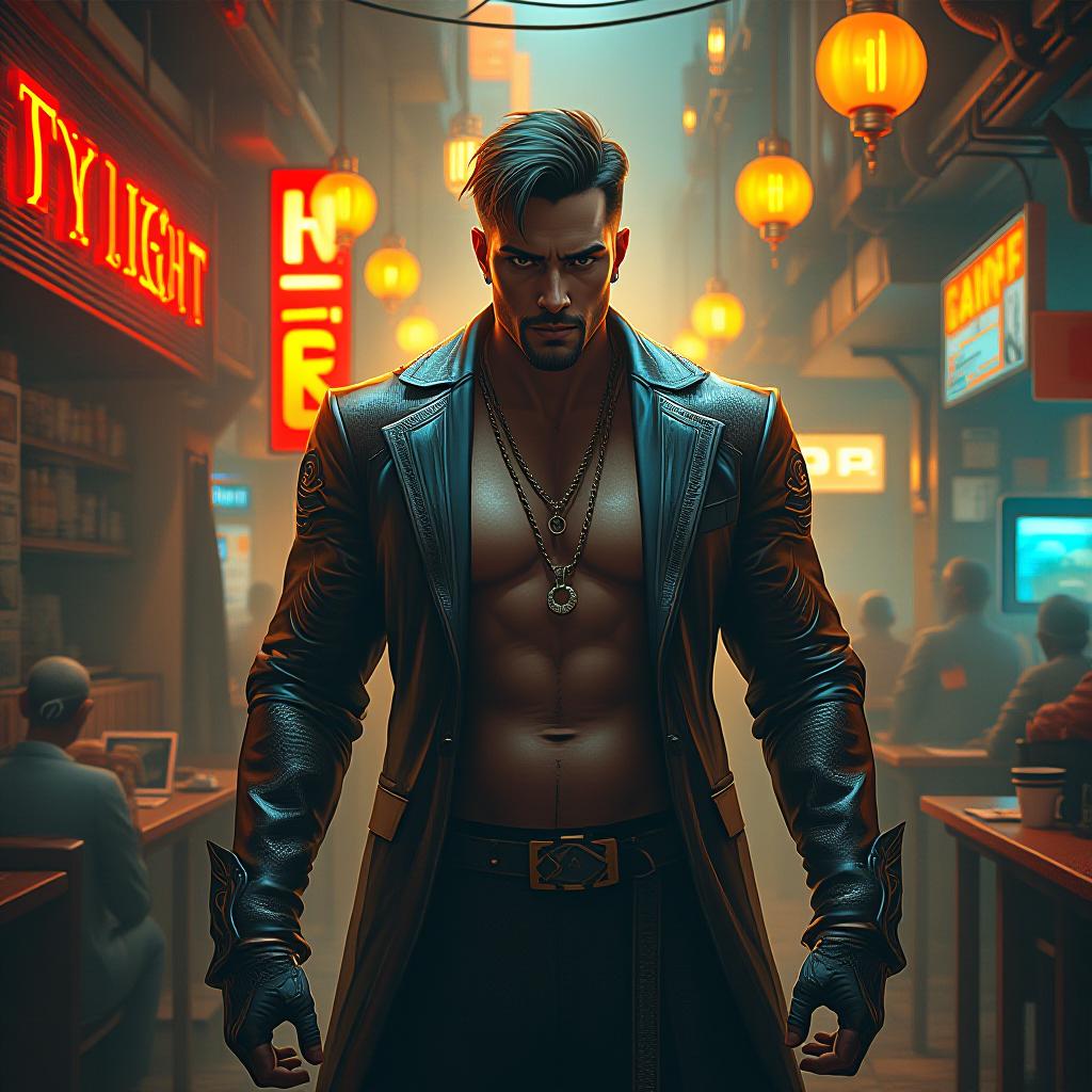  portrait, facing camera, a mystical scene of an cyberpunk man, large busted and in form fitting attire, absorbing the energy of the cyber cafe. the style is digital art illustration / modern comic book / mysterious occult, symbolic, esoteric vibe,high detail on character design, incorporating futuristic western attire. hyperrealistic, full body, detailed clothing, highly detailed, cinematic lighting, stunningly beautiful, intricate, sharp focus, f/1. 8, 85mm, (centered image composition), (professionally color graded), ((bright soft diffused light)), volumetric fog, trending on instagram, trending on tumblr, HDR 4K, 8K