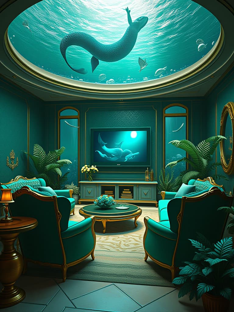  a luxurious mermaid mansion living room in the deep sea. the house is round li and big metallic green and gold ver shiny . with mermaid furniture with a giant tv