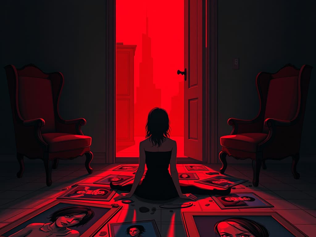  darkened room, shattered family portrait on the floor, red hues, sense of personal relationship damage. the style is digital art illustration / modern comic book / graphic dark novel fantasy and mysterious occult, symbolic, moody lighting, esoteric vibe,high detail on character design. for the color scheme emphasize blacks and reds.