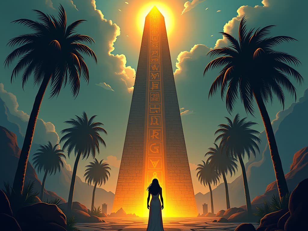  a towering obelisk, etched with glowing hieroglyphs, surrounded by lush palm trees, a radiant aura emanating from its peak, symbolizing your unique role as a beacon of hope and understanding. the style is digital art illustration / modern comic book / mysterious occult, symbolic, esoteric vibe,high detail on character design, incorporating ancient egyptian symbology and attire.