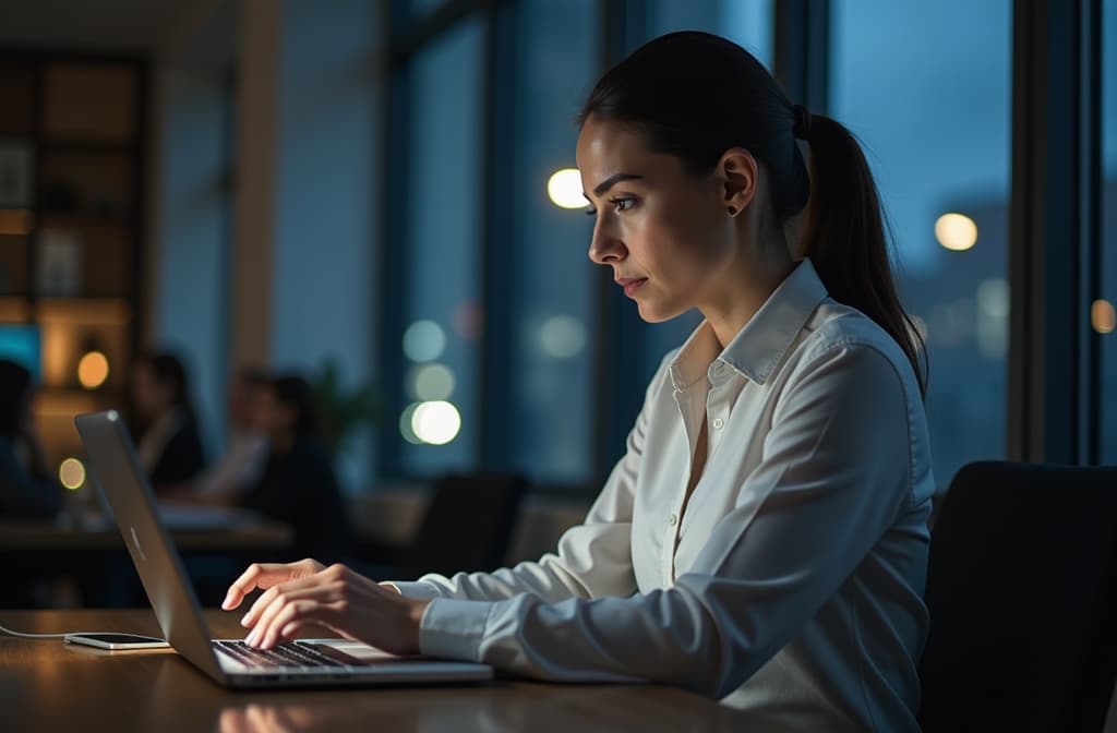  business woman, tablet and typing in office for corporate communication, internet research and networking. female person, technology and working late night for project planning and company email ar 3:2 {prompt}, maximum details