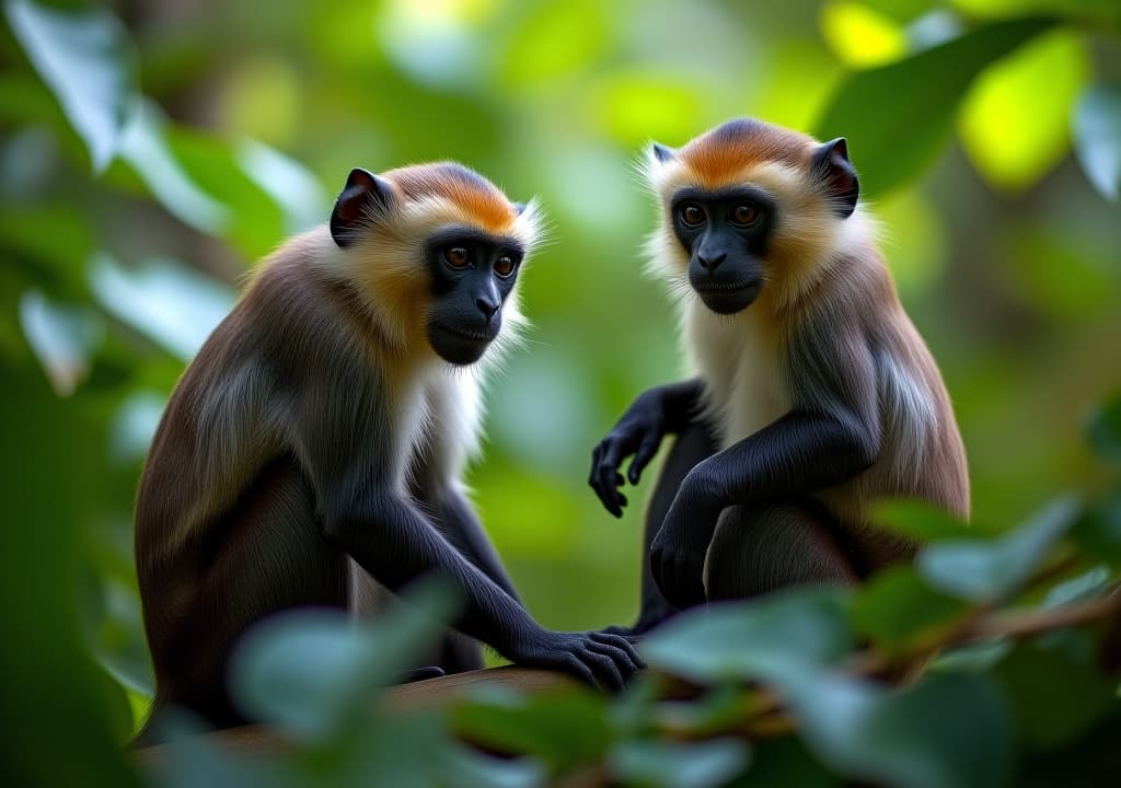  capuchin monkeys in tropical rainforest, colorful interesting plants in background, green nature wallpaper