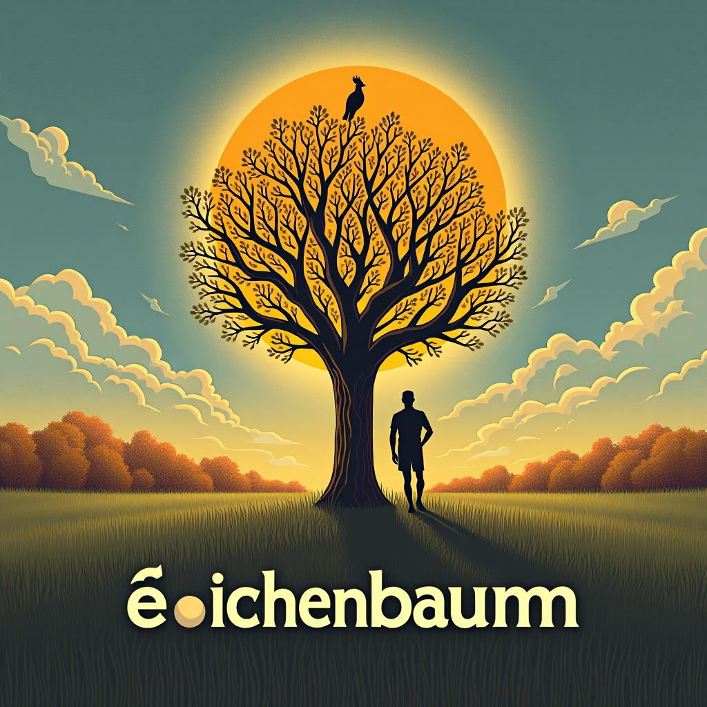  design a logo, in a surrealism style. sportlicher deutscher mann unter einem eichenbaum im sonnenaufgang , with the text 'eichenbaum '.