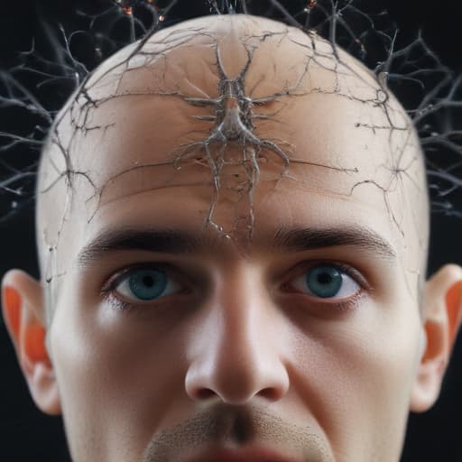 A man's head. Eyes are on neurons. Neurons are in the brain, which is visible