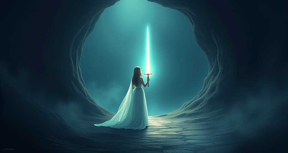  an ethereal figure holding a bright, gleaming sword, standing at the entrance of a shadowy path. the path seems inviting yet ominous, representing the cost of temptation against integrity.. the style is digital art illustration,highly detailed, whimsical,magical, dreamlike atmosphere, realism and fantasy blend, smooth, glossy textures,luminous quality, wonder and enchantment.