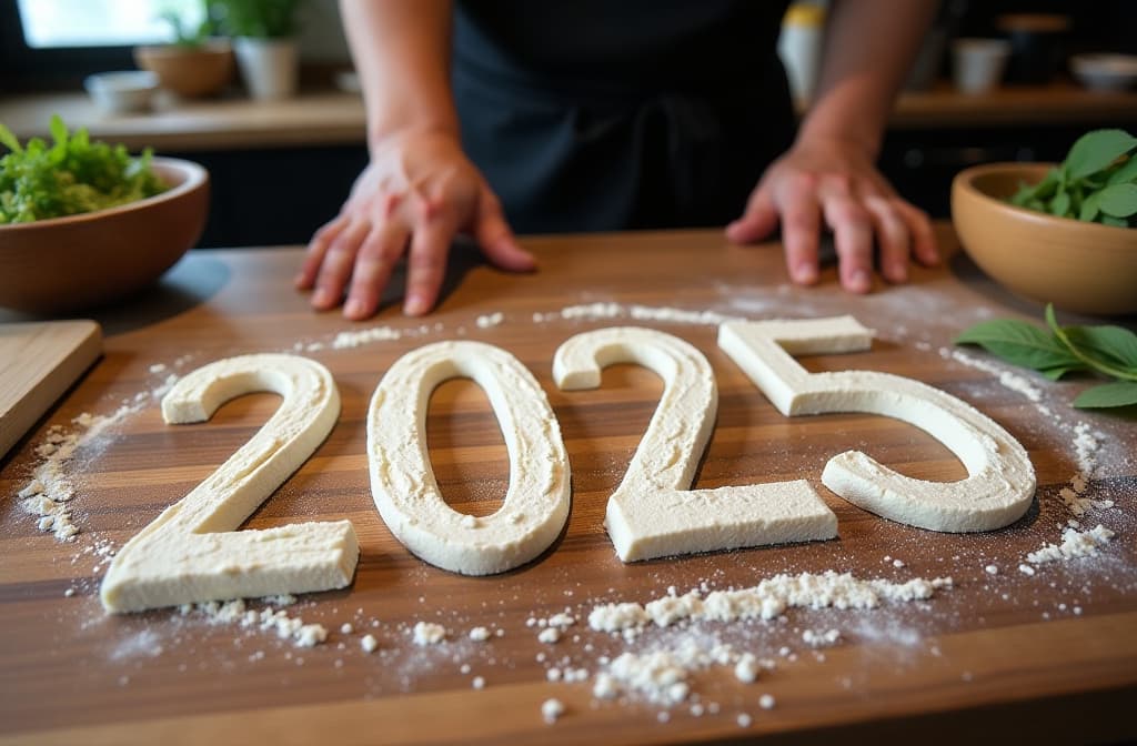  text "2025” written in flour on a wooden countertop, with chefs preparing pizza dough and fresh ingredients nearby. {prompt}, maximum details