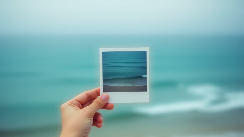  a person holding up a polaroid picture in front of the ocean, perfect for travel or vacation themes isolated with white highlights,