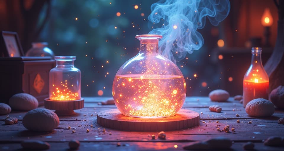  close up of a bright, intricate potion in a radiant, magical workshop. ethereal light, shimmering liquid, otherworldly concoction.. the style is digital art illustration,highly detailed, whimsical,magical, dreamlike atmosphere, realism and fantasy blend, smooth, glossy textures,luminous quality, wonder and enchantment.