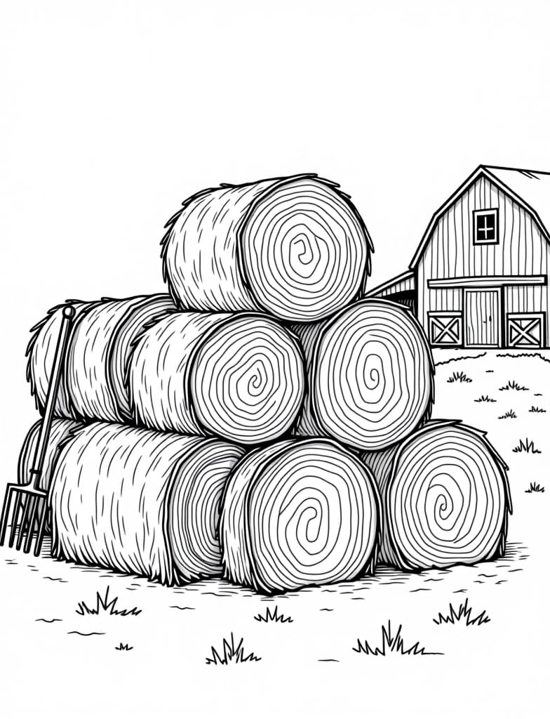  a stack of hay bales with a pitchfork and a barn in the background, black and white line art on a white background, for an adult coloring page.