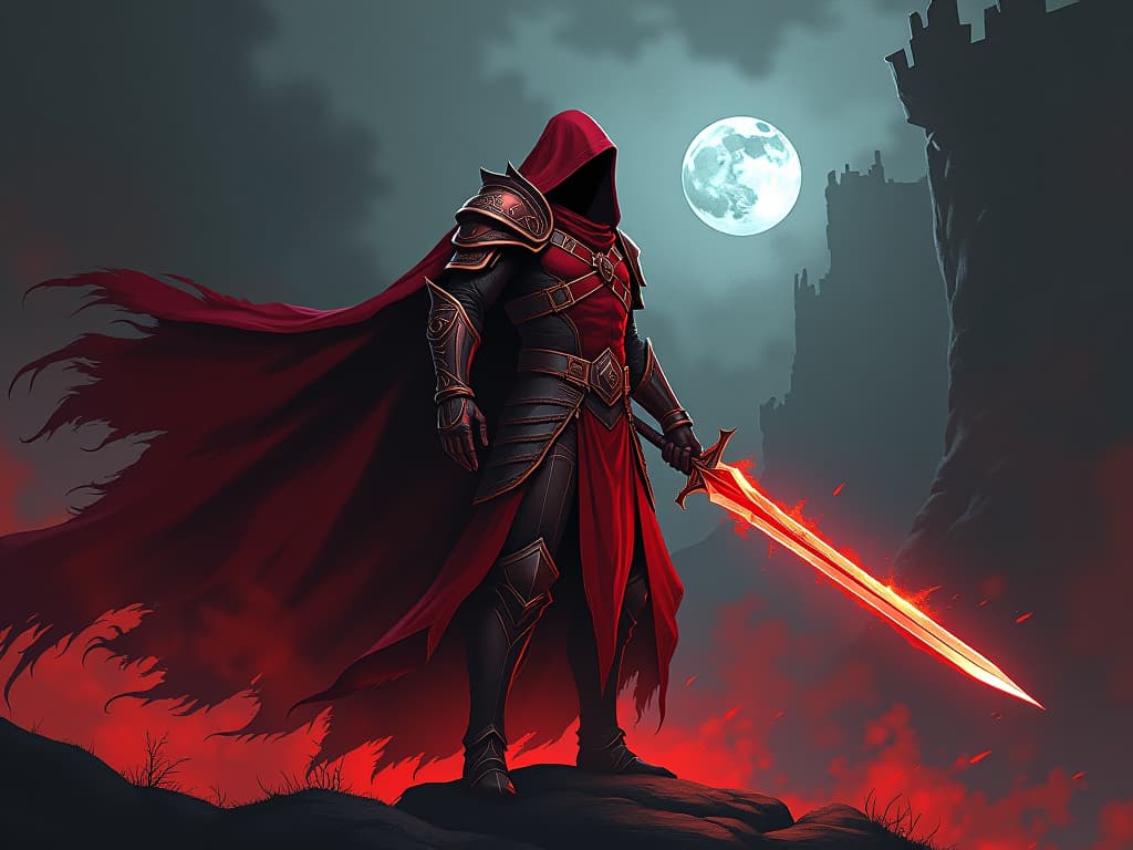  warrior in red armor, wielding a glowing sword, standing at a crossroads, air of decisive action. the style is digital art illustration / modern comic book / graphic dark novel fantasy and mysterious occult, symbolic, moody lighting, esoteric vibe,high detail on character design. for the color scheme emphasize blacks and reds.