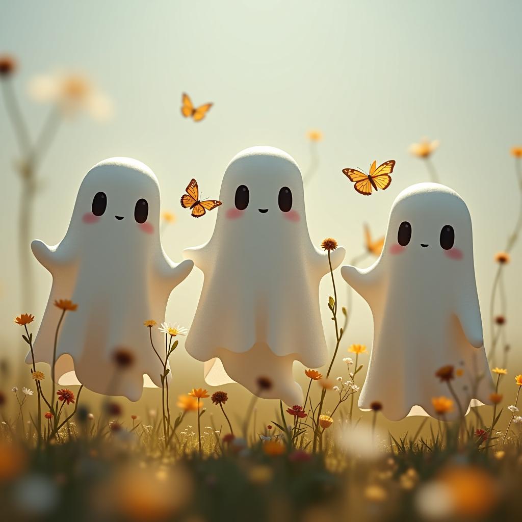  create a tshirt design featuring a row of three cute, cartoonish ghost characters, each with a different appearance, standing in different positions within sparse, life like wildflowers. each ghost should have a unique expression or pose, with the flowers minimally surrounding them. the background should be transparent, complementing the realistic wildflower elements and enhancing the overall cheerful and fun atmosphere. include two butterfly in the scene. hyperrealistic, full body, detailed clothing, highly detailed, cinematic lighting, stunningly beautiful, intricate, sharp focus, f/1. 8, 85mm, (centered image composition), (professionally color graded), ((bright soft diffused light)), volumetric fog, trending on instagram, trending on tumblr, HDR 4K, 8K