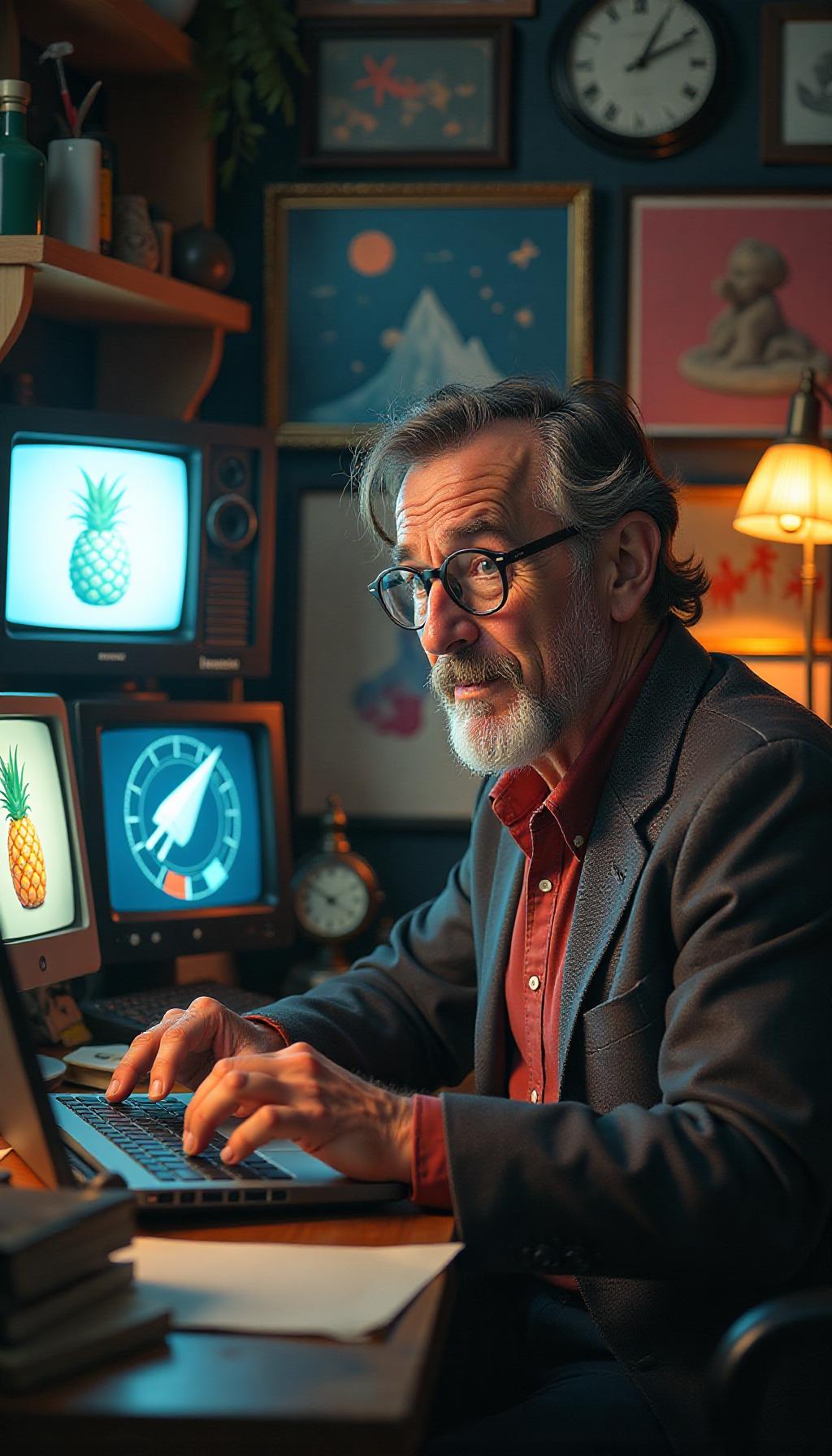  create a high quality, photorealistic image that vividly depicts the following scene: "an intensely dynamic, otherworldly image of a cluttered, yet charming broadcaster's workroom crammed with fascinating knick knacks. the broadcaster, an energetic man in his middle years sporting nerdy, stylish spectacles and an oddly coordinated apparel, is deeply engrossed in uncovering bizarre trivia, his eyes sparkling with mirthful enthusiasm. surrounding him, virtual screens shimmer with depictions of pineapples, blueberries, a squid, and an ancient sundial, precisely marking off a minute and a half. shot with a canon eos 5d mark iv dslr, f/1.8, iso 800, 1/125s, 4k, high contrast lighting illuminates the colorful turmoil, immersive bokeh effect, hyperrealistic, full body, detailed clothing, highly detailed, cinematic lighting, stunningly beautiful, intricate, sharp focus, f/1. 8, 85mm, (centered image composition), (professionally color graded), ((bright soft diffused light)), volumetric fog, trending on instagram, trending on tumblr, HDR 4K, 8K