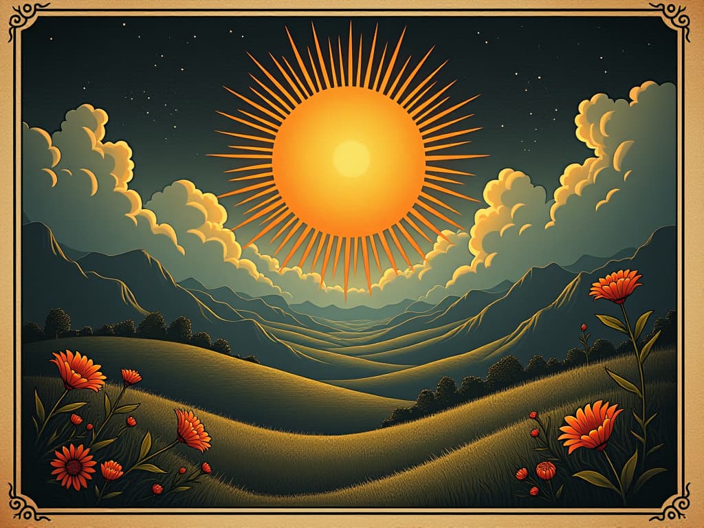  world of light and positivity, radiant sun over peaceful landscape, flourishing and harmonious. an illustration in the style of a worn, mystical old tarot trump card, mysterious and elements of surrealism. the colors are muted, somber and eerie, but with contrast bring out an occult and esoteric vibe.