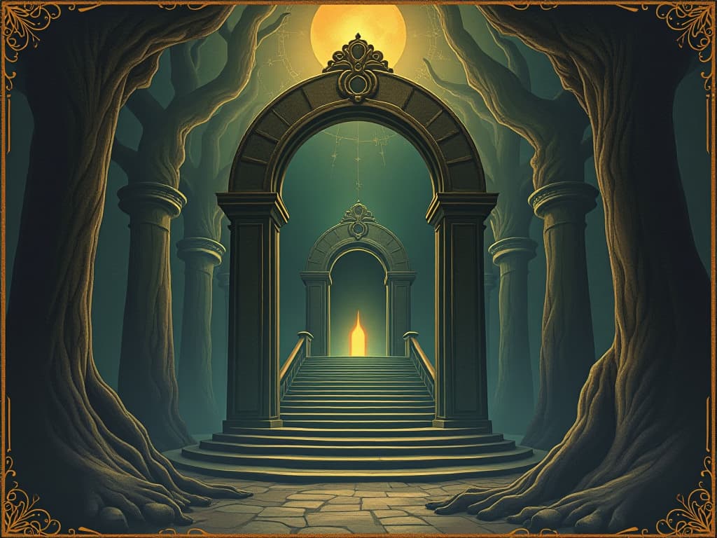  abode of oracles, ancient and mystical, ethereal glow, sense of wisdom and enlightenment, revered and holy. an illustration in the style of a worn, mystical old tarot trump card, mysterious and elements of surrealism. the colors are muted, somber and eerie, but with contrast bring out an occult and esoteric vibe.