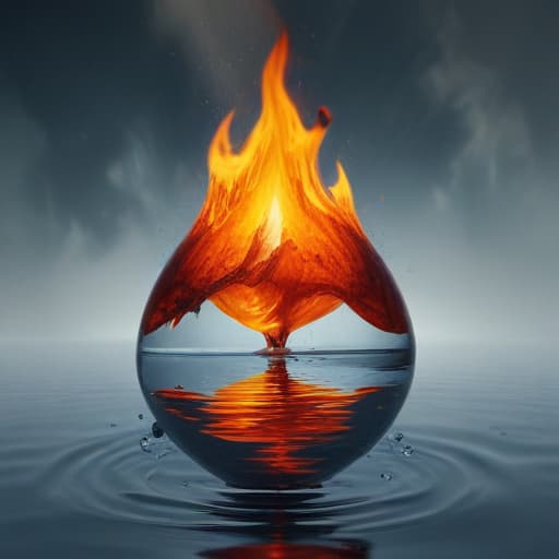 An image of a chunk of land on fire within a water droplet floating around in the air in Mythological style