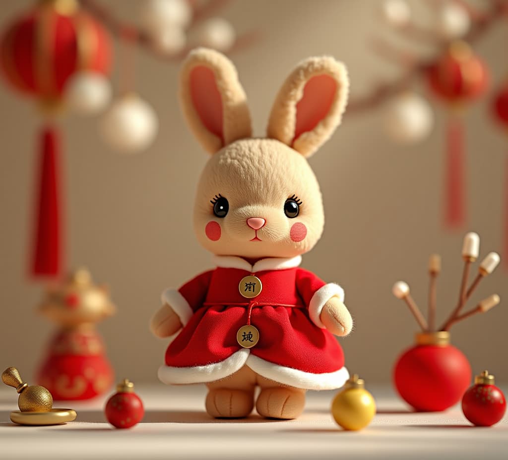  the cute little rabbit doll wears a red dress and is surrounded by traditional decorations and small objects