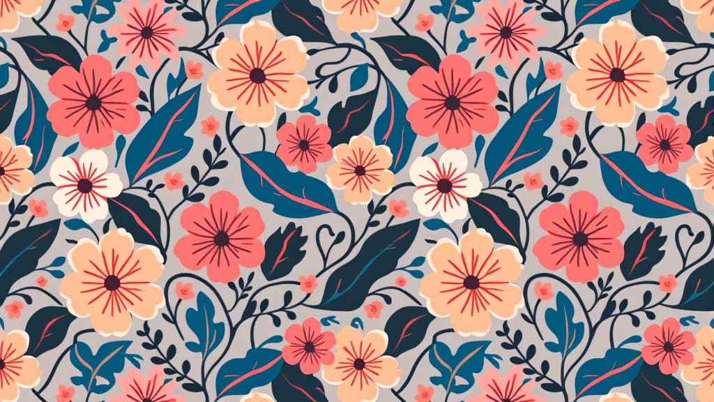  a vibrant floral pattern with stylized flowers, leaves, and vines in shades of pink, orange, blue, and gray.