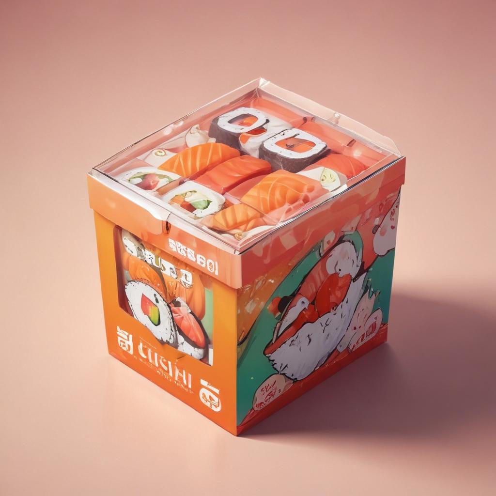 distance-shot, flashy, full-body, dynamic, holographic, animated cartoon poster of a take-out box of sushi in the style of dragon ball super