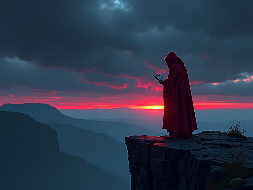  family member in red robes, standing at the edge of a cliff, holding a letter, aura of contemplation under twilight skies. the style is digital art illustration / modern comic book / graphic dark novel fantasy and mysterious occult, symbolic, moody lighting, esoteric vibe,high detail on character design. for the color scheme emphasize blacks and reds.