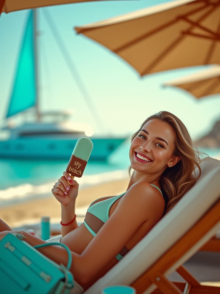  cinematic photo realistic image high detail, a beautiful russian girl lies on a sun lounger and joyfully holds turquoise ice cream in chocolate on a stick with the inscription in gold letters "sky beach", four bright lipstick, turquoise ladies' handbag, turquoise cans of cosmetics, teak sun loungers, beige beach umbrellas, a blue yacht with turquoise sail on the sea, sunset in the sea horizon . 35mm photograph, film, bokeh, professional, 4k, highly detailed