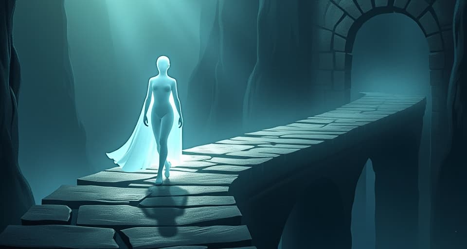  a translucent figure standing at the edge of an ancient, enchanted bridge, their form becoming brighter and more defined with each step towards the viewer. gradual apparition, ethereal emergence, mystical crossing.. the style is digital art illustration,highly detailed, whimsical,magical, dreamlike atmosphere, realism and fantasy blend, smooth, glossy textures,luminous quality, wonder and enchantment.