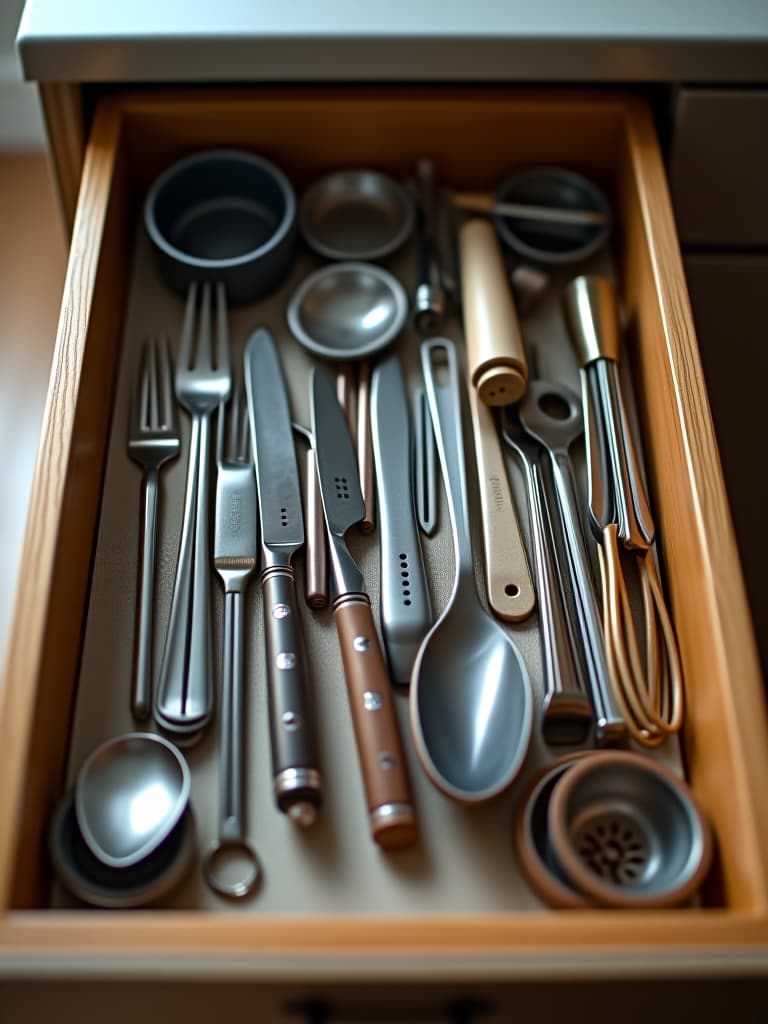  high quality portrait photo of a close up shot of a perfectly organized kitchen drawer, filled with neatly arranged utensils, gadgets, and tools, each in its designated compartment hyperrealistic, full body, detailed clothing, highly detailed, cinematic lighting, stunningly beautiful, intricate, sharp focus, f/1. 8, 85mm, (centered image composition), (professionally color graded), ((bright soft diffused light)), volumetric fog, trending on instagram, trending on tumblr, HDR 4K, 8K