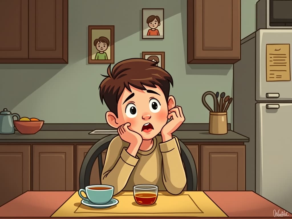  a cartoonish scene of a person sitting at a kitchen table, deep in thought, with subtle, simple cues indicating that they are processing emotions or memories. the kitchen is drawn in a warm, homey style, with a cup of tea in front of the person, and family photos on the wall behind them. the atmosphere is reflective, capturing a quiet moment of introspection.