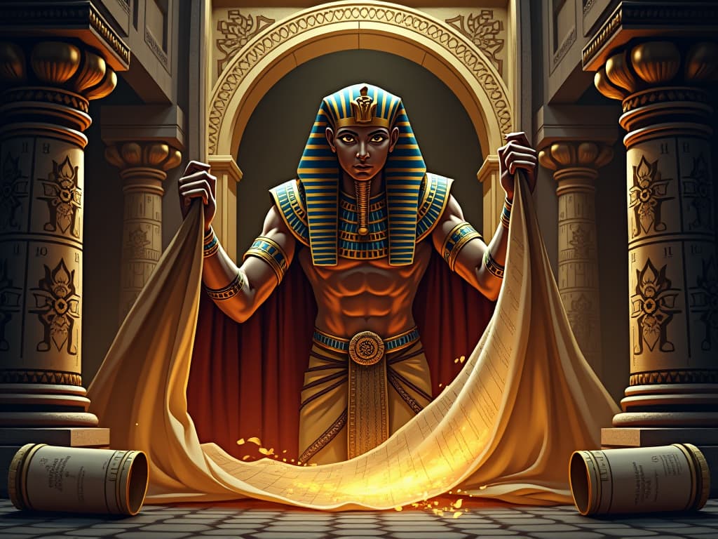  pharaoh opening a hidden chamber, discovering ancient scrolls, mood of revelation and discovery. the style is digital art illustration / modern comic book / mysterious occult, symbolic, esoteric vibe,high detail on character design, incorporating ancient egyptian symbology and attire.