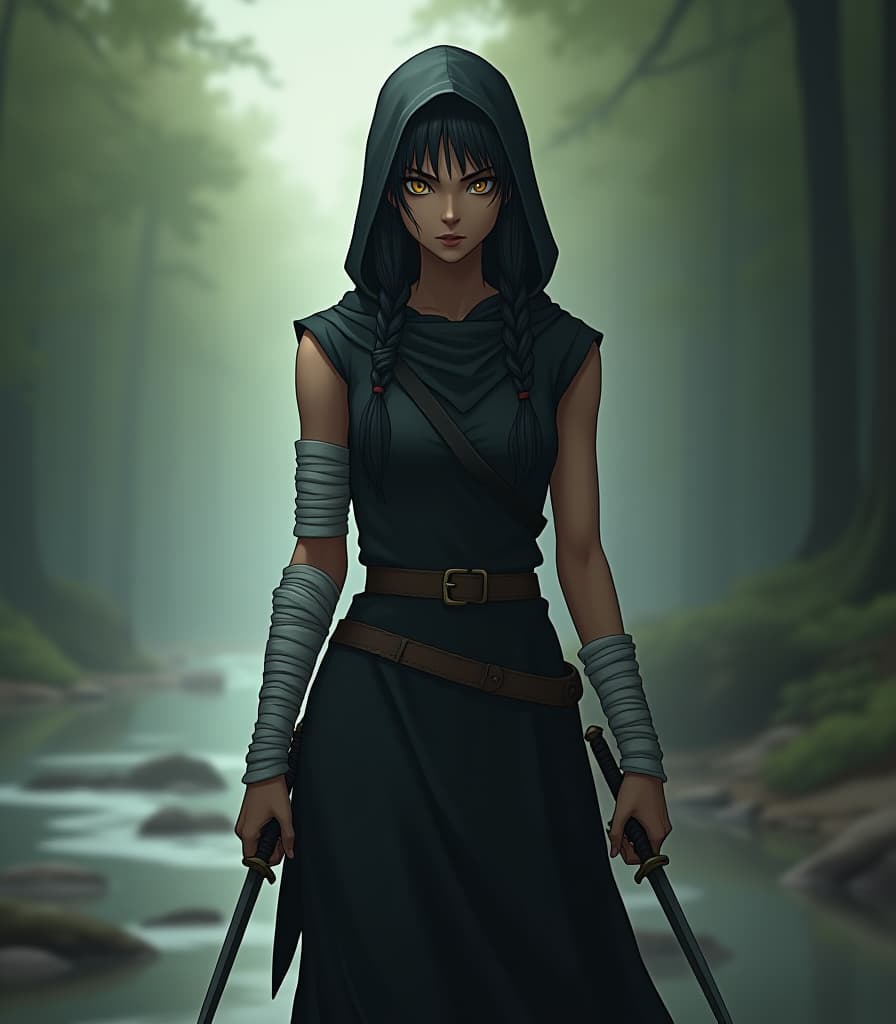  breathtaking (aleksi briclot style), (anime style), (high detail), (high resolution), (ultra detaile), full body, young woman, long black hair tied in a single braid, yellow iris, elongated pupils, narrow waist, wide hips, intense and frightening gaze, closed black sleeveless hooded clothes, dark closed sleeveless hooded shirt, white bandages on the forearms, brown belt, dark pants, small scabbard on the belt, bare feet, daggers needles in the hands, forrest, river, the middle ages . award winning, professional, highly detailed hyperrealistic, full body, detailed clothing, highly detailed, cinematic lighting, stunningly beautiful, intricate, sharp focus, f/1. 8, 85mm, (centered image composition), (professionally color graded), ((bright soft diffused light)), volumetric fog, trending on instagram, trending on tumblr, HDR 4K, 8K