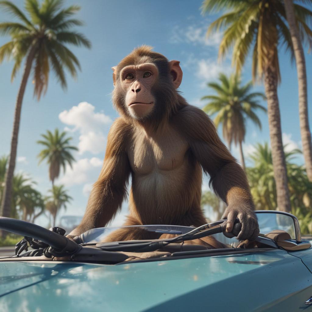 ((masterpiece)),(((best quality))), 8k, high detailed, ultra detailed,A humorous depiction of a monkey driving a convertible, palm trees lining the road, blue sky, fluffy clouds hyperrealistic, full body, detailed clothing, highly detailed, cinematic lighting, stunningly beautiful, intricate, sharp focus, f/1. 8, 85mm, (centered image composition), (professionally color graded), ((bright soft diffused light)), volumetric fog, trending on instagram, trending on tumblr, HDR 4K, 8K